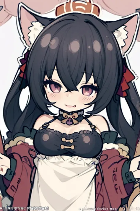 oppai loli, black hair, hair bobbles, wince, longeyelashes, solid circle eyes, fake animal ears, light smile, ear blush, fang, ccurate, brown hair, short twintails, mole under eye, mole under eye, cat ears, smile, large breasts, inverted nipples, huge areo...