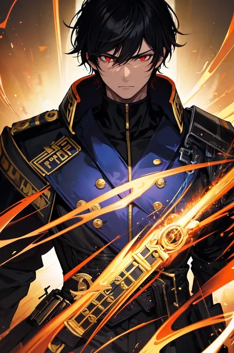 he is commander of police force. his hair is short and black. his eyes are red and glowing. he wears a black and golden robes and has a powerful demeanor he has a golden aura around hi and in a city background. he is facing off with a demon hound. his face...