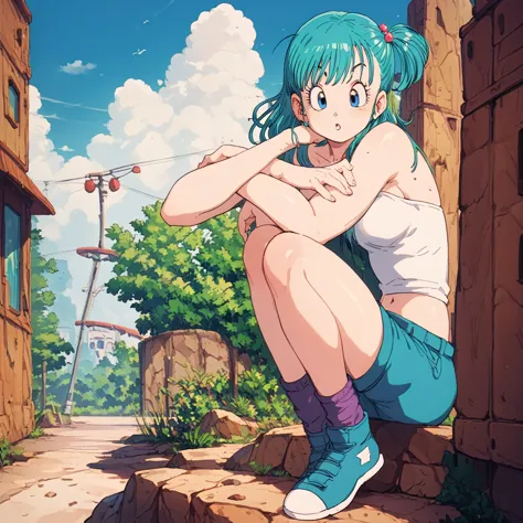 bulma in a white bikini stands，with a puzzled expression, i watched bulma in a white bikini standing on a cliff in the distance