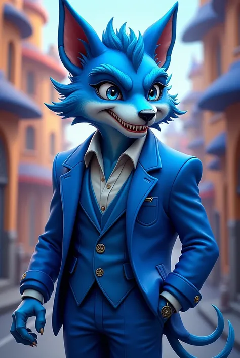 Blue dog demon in blue suit in cartoon format