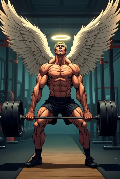 Angel with strength muscles lifting barbell in deadlift at Crossfit.  Anime character 