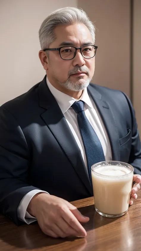  middle-aged Asian fat man ，Good body shape 。Very fat。Beer belly。General belly。 is a father ，45-50 years old ，寸头Short hair，头发Very短， have white hair on the sides ， with a neat beard ，The beard is very short ， The beard is slightly white ，Wearing glasses，有着胖...