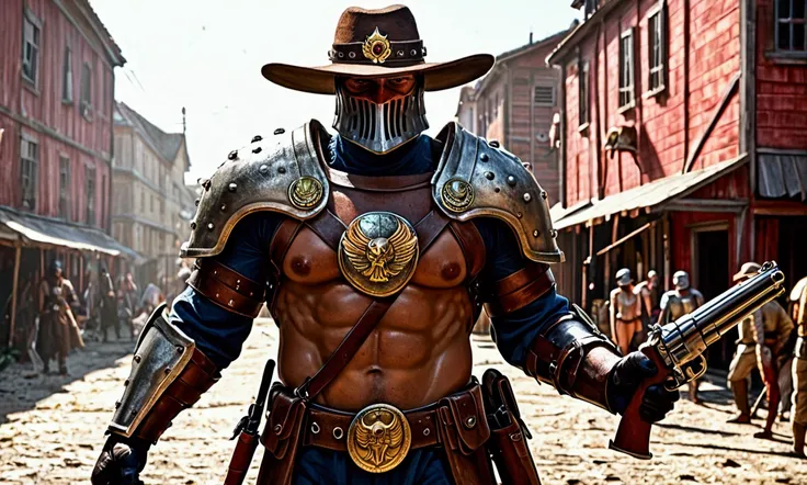 a muscular man in a cowboy-themed armor and broad-rimmed hat helmet, a big badge, a huge gun, confronting mutant villain cowboys in an old west town, high noon, cinematic lighting, gritty, detailed, photorealistic, 8k