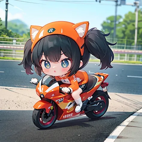 Little fox mascot girl  ,  Running behind a female racer racing on a road bike ,   black hair,   semi-long,   stylish  ,   road bike racing  ,  behind the scenes where several road racers wage a heated battle, speed, Elevate your mood,   Panoramic View, A ...