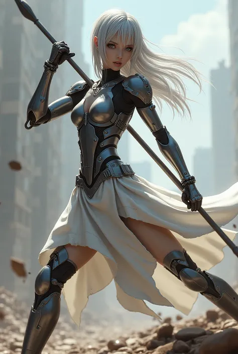 A2 by Nier Automata in battle pose, wearing a white skirt with a spear in her hands