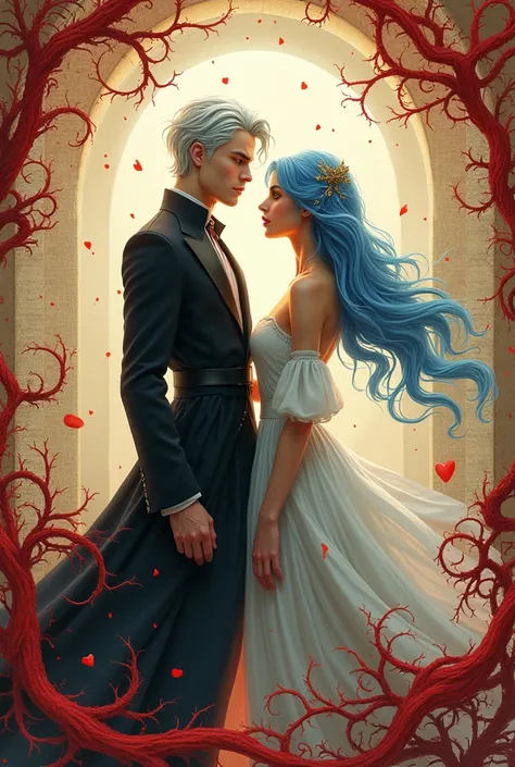  Create a book cover that has to do with the legend of the red thread, Let it be fanciful and that in the background there are letters written more fanciful that two people come out: a man with gray hair and white skin and a woman with light blue hair and ...