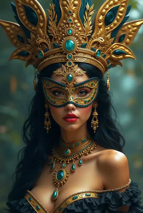 A filipina who wears a big crown and mask on the face not in cluded the eyes representing the pearl of the orient seas