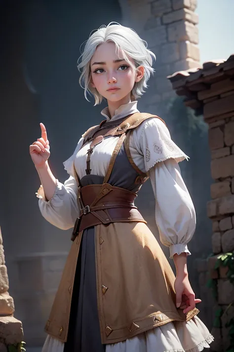 Young woman, campesina medieval "The Chronicles of Narnia",  gray and brown shreds,  blue eyes , short white hair, dynamic position,  raised hands sign,  safe expression, Iluminación natural,  plain white background , without patterns, No textures.