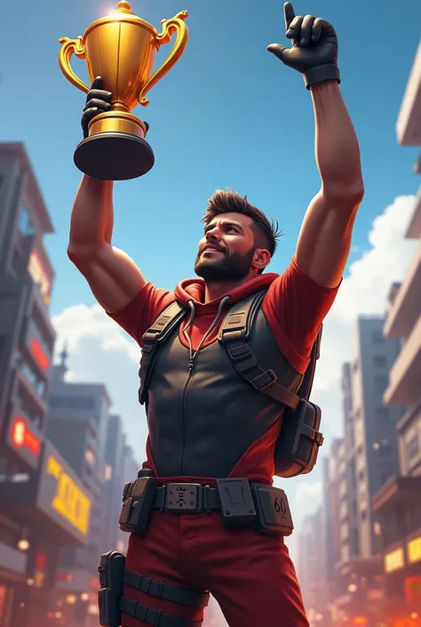 Generate an image of a player of a Free Fire player holding a trophy 
