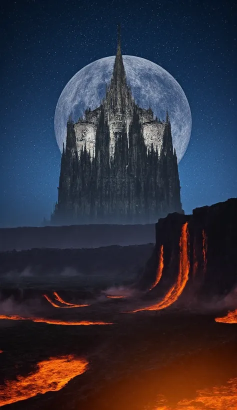 A floating gothic cathedral over a lake of lava, with winged dragons circling around and a starry sky, creating an epic and detailed atmosphere.