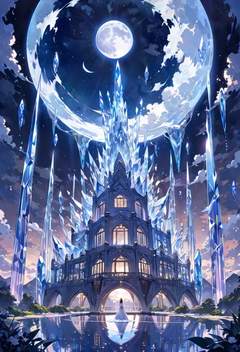 A full moon night, a fantastic, transparent and majestic building made of crystal towering into the heavens, a silent and flowing sky, high quality, sacred