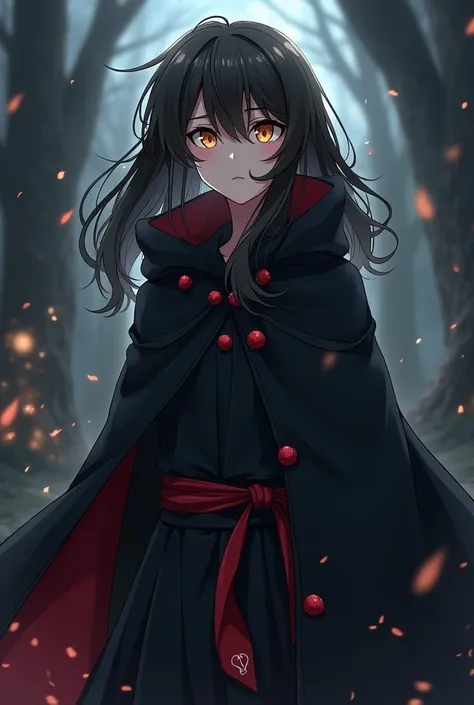 One with long wavy hair and light brown eyes with a black cloak with red nubs and a bandana around the waist anime version