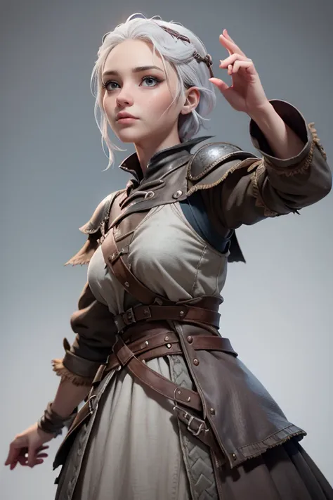 Young woman, campesina medieval "Game of Thrones ",  gray and brown shreds,  blue eyes , short white hair, dynamic position,  raised hands sign,  safe expression, Iluminación natural,  plain white background , without patterns, No textures.