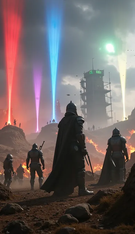 Mix of Popular Universes: "A meeting of worlds, where heroes from famous franchises (like medieval knights and space travelers) gather on a battlefield with colorful energy beams cutting through the sky."