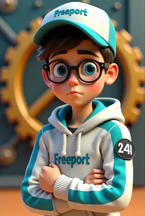 "A teenage boy in a 3D animation style with a serious yet gentle expression, wearing a white hoodie with teal blue accents and a matching baseball cap that says Freeport. On the sleeve of the hoodie, there is an emblem with 241, giving a personal and uniqu...