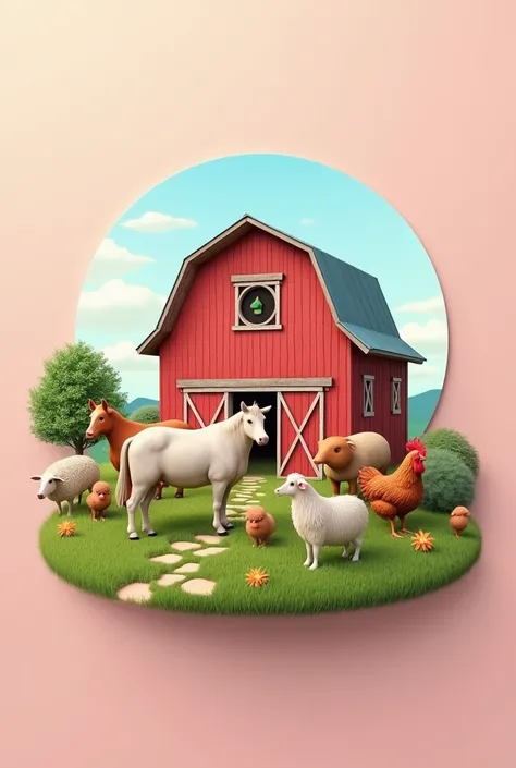 Light pink background with some farm animals and barn
