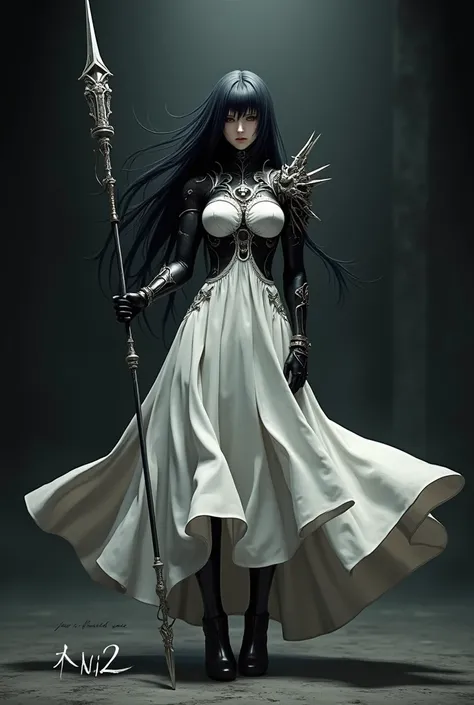 A2 by Nier Automata , white skirt,  with a spear in his hands,  black hair