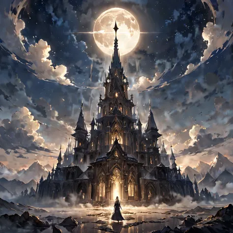 A full moon night, a fantastic, transparent and majestic building made of crystal towering into the heavens, a silent and flowing sky, high quality, sacred, A mesmerizing and ethereal landscape, featuring a majestic and intricate sacred architectural struc...