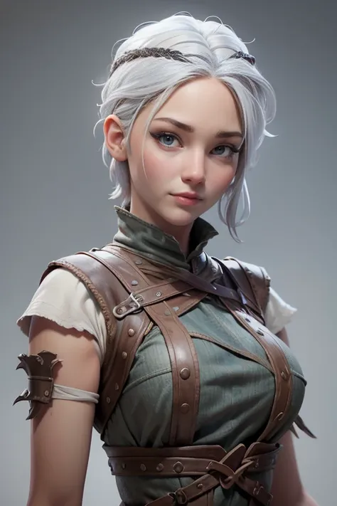 Young woman, campesina medieval "Game of Thrones ",  gray and brown shreds,  blue eyes , short white hair, dynamic position,  safe expression, Iluminación natural,  plain white background , without patterns, No textures.