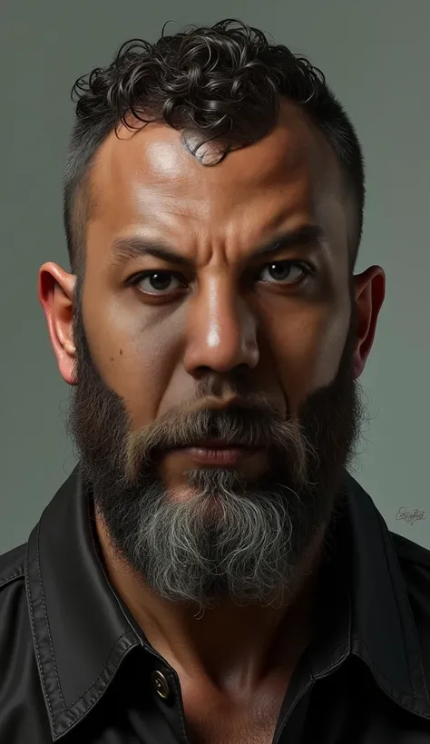 a man with crew cut curly hair and receding temples with thick beard portrait