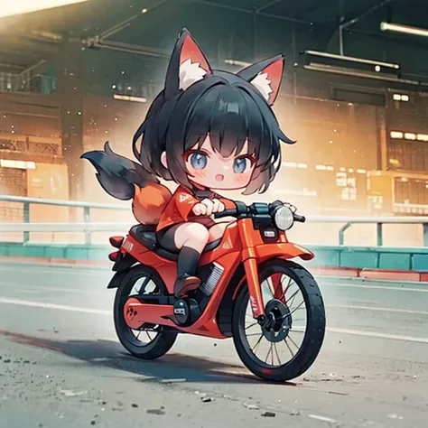 Little fox mascot girl ,  riding behind a female racer racing on a road bike,  black hair,  semi-long,  stylish ,  road bike racing , Behind the scenes of several road racers engaged in a heated battle, speed, Elevate your mood,  Panoramic View, A rear vie...