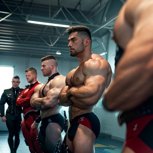 muscular men in a lineup, official portrait, highly detailed, photorealistic, 8k, HDR, sharp focus, professional photography, dramatic lighting, muscular male physique, strong jawlines, intense gazes, US military uniform, standing in a row facing toward th...