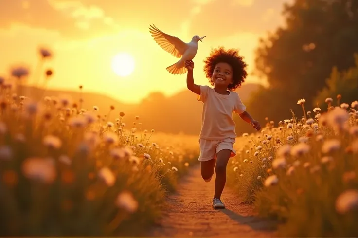 A closing cinematic scene of a golden sunrise over a peaceful countryside. A young , about , with light brown skin, curly black hair, and bright eyes, runs joyfully through a path lined with flowers, holding a dove that flies into the sky. The atmosphere i...