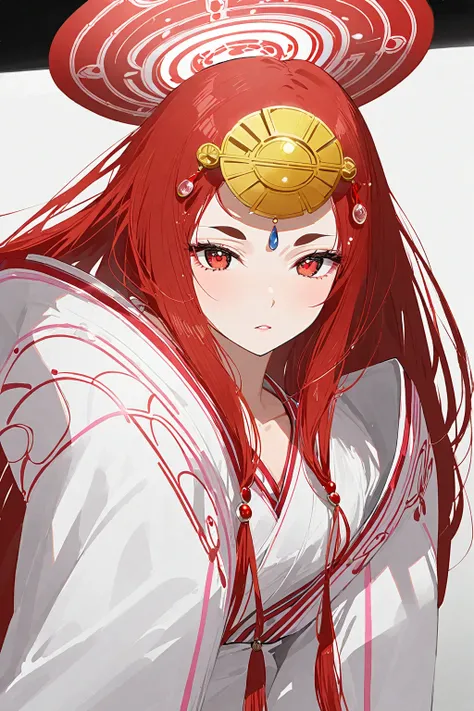  1 girl, High school girl,  full body shot,  black hair, Long Hair,  cute face, Thin eyebrows, golden sun hair ornament, Amaterasu Omikami Cosplay , Red hair tie, Shrine maiden, Halo, perfect anatomy, Kind Face,   detail face on the dining table , slim,  f...