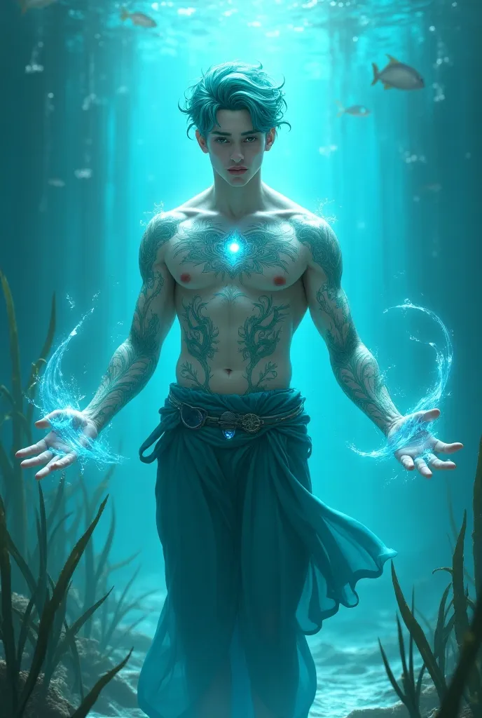 create a pale-bodied water cleric male , cyan e hair and aqua hydro tattoos all over his body, your face is younger and more attractive