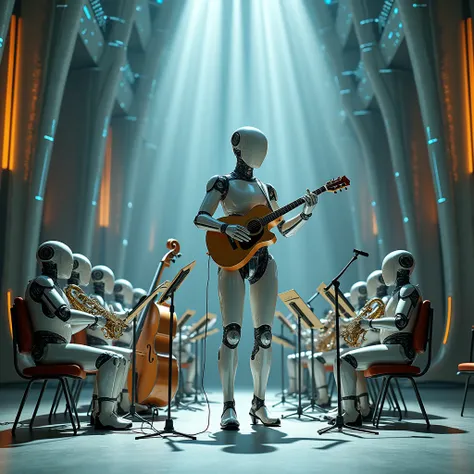 A musical ensemble, a robot playing various instruments in a human way, the design of the future world, on the opera stage