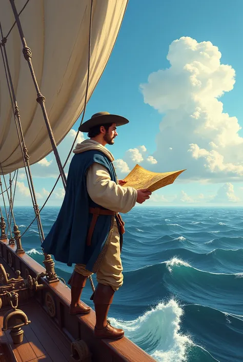 - Image:  A ship with unfolded sails crossing the sea. Christopher Columbus, with a map in hand ,  observe the horizon .  animated