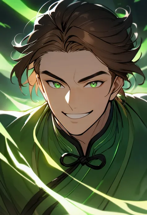 Chinese martial artist man with long brown hair and green eyes wearing green clothing with blue details giving a convinced smile with green energies around him with a green-colored energy dragon behind him