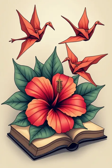 a tattoo of a hibiscus flower with paper cranes in it with origami paper cranes flying out of a book