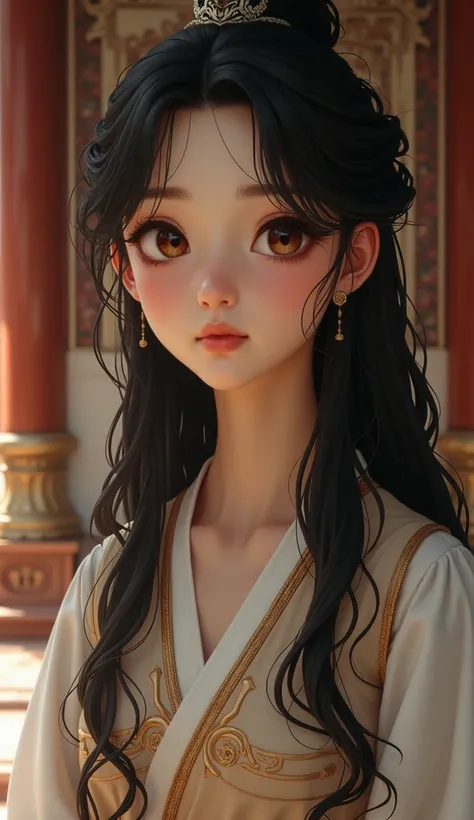 Young woman with long dark hair and big brown eyes, a face of vulnerability and concern, dresses in a simple but elegant way for the ancient era