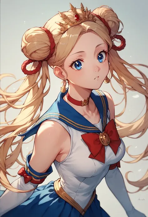 aausagi, long hair, double bun, twintails, parted bangs,medium breasts, tiara, earrings, blue eyes, red choker, blue sailor collar, red bow, white shirt, elbow gloves, white gloves, blue skirt
