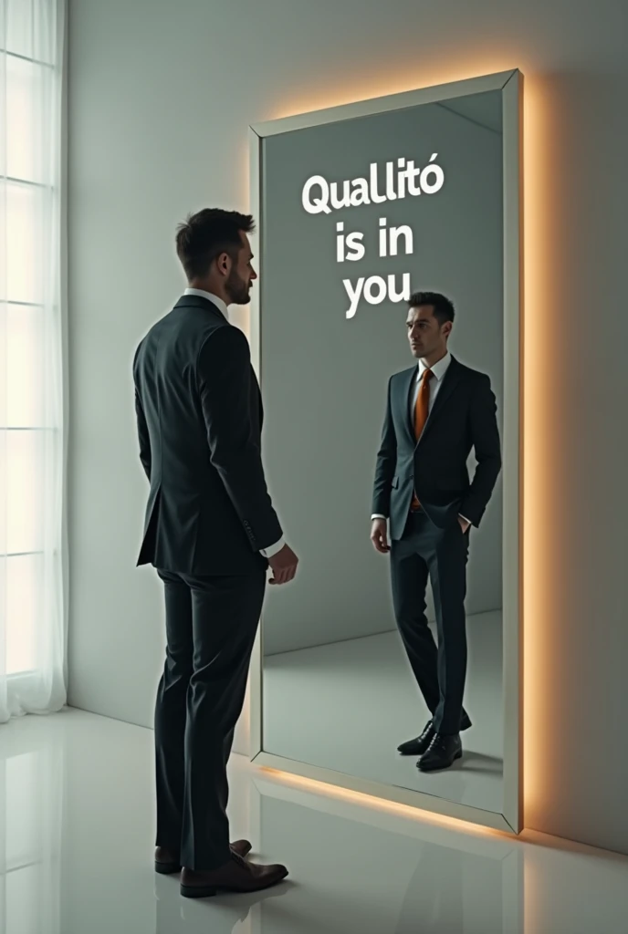 person (man) wearing standing executive clothing reflecting on a mirror with a sign that says quality is in you ( text in Spanish ) 