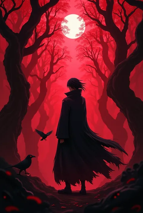 Itachi de l’akatsuki dans naruto
Il est dans une forêt sombre rouge, avec ses corbeaux autour de lui d’un air menaçant 