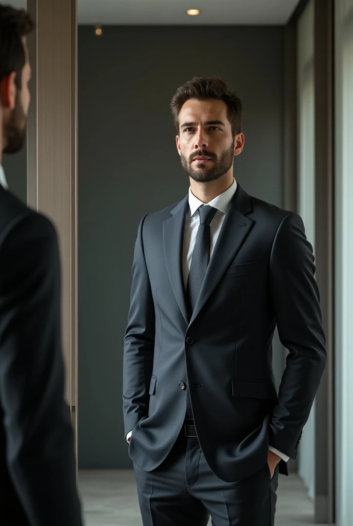 person (man) wearing executive clothing standing reflected in a mirror with a sign that says Quality is in You ( text in Spanish ) 