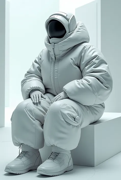 A model wearing futuristic oversized snow outfit and full head and full face covered headwear in a sitting pose 