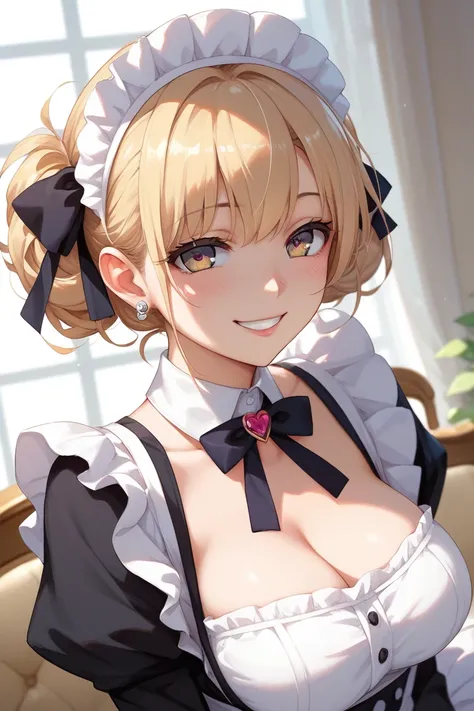  1 blonde anime girl、  charming anime girl , Naughty, Naughty anime style,  Anime Moe Art Style , shikishi, by Shimo, Gap Moe Yandere、Beautiful eyes、Maid、 girl、 double piece 、smile