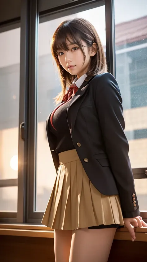 a young beautiful japanese girl in her school uniform standing by a window after class, looking out wistfully as the setting sun casts a warm glow, pleated micro mini skirt, blazer, glossy lips, big beautiful brown eyes with double eyelids, natural makeup,...