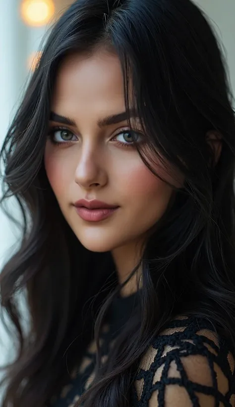 Black hair, glowing hair, Detailed hair, Blue Eyes, beautidful eyes, extremely detailed eyes and face, Beautiful detailed eyes, Ultra-detailed, light on the face, Fair skin, a 18 year old girl, bianca, long hair down to the waist, Wear the Burberry Winter ...