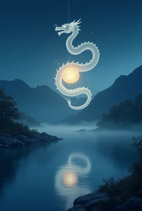 A realistic and detailed depiction of "龍燈 (Ryutou)," a mystical phenomenon from Japanese folklore. The image portrays a glowing, dragon-shaped lantern floating above tranquil waters at night. The lantern emits a soft, ethereal light, illuminating the surro...