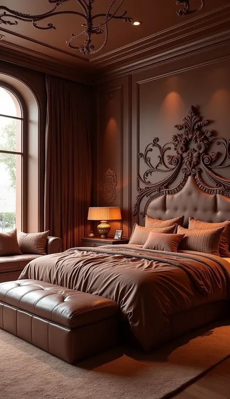 Imagine a luxurious bedroom where an upper bed is entirely designed from exquisite chocolate, with intricate details made of dark and milk chocolate layers. The bed looks like a carefully sculpted piece of chocolate art, adding a touch of opulence and warm...