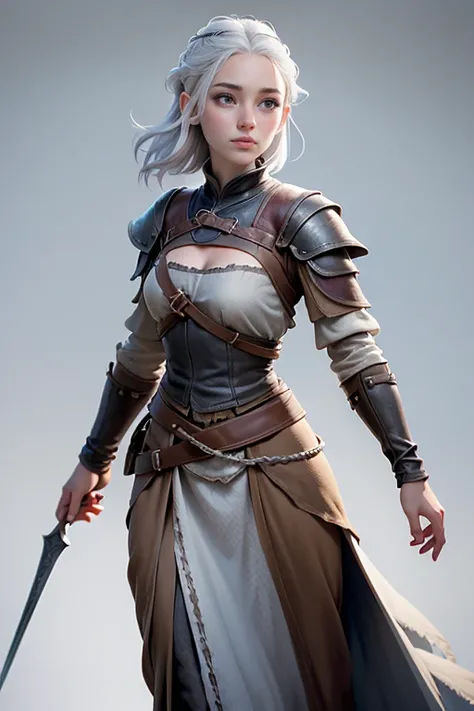 Young woman, campesina medieval "Game of Thrones ",  gray and brown shreds,  blue eyes , short white hair, dynamic position,  safe expression, Iluminación natural,  plain white background , without patterns, No textures.