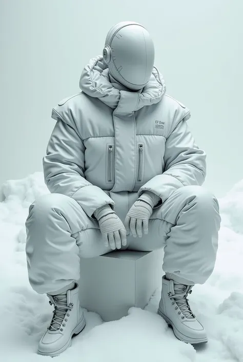 A model wearing futuristic oversized snow outfit and full head and full face covered headwear in a sitting pose 