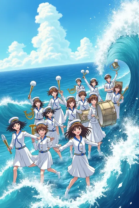 A sketch of Ocean Waves with Marching Band Members Girls and Boys in White with blue uniform , musical notes and musical instruments drums ,  lyres, twirlers and majorette
