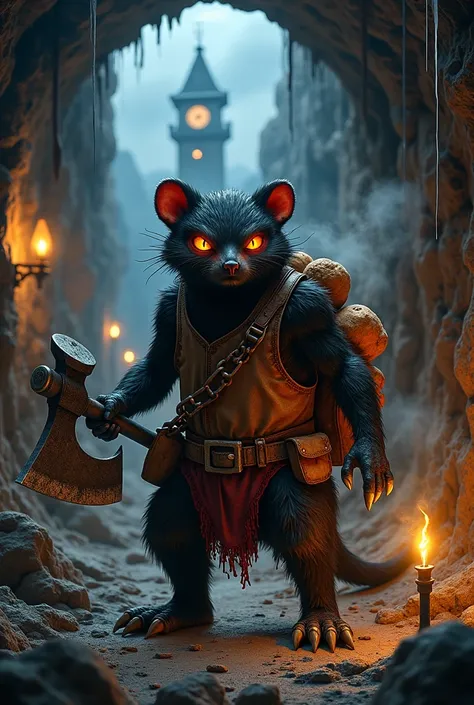 A dark villain inspired by El Tuzo, the mascot of Club Pachuca, set in the shadowy depths of an abandoned silver mine in the mountains of Hidalgo. The character is an anthropomorphic mole, his fur a sooty black streaked with silver like the veins of the mi...