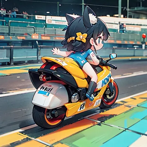 Little fox mascot girl , Ride as a female racer racing on a road bike,  black hair,  semi-long,  stylish ,  road bike racing , Behind the scenes of several road racers engaged in a heated battle, speed, Elevate your mood,  Panoramic View, A rear view of a ...