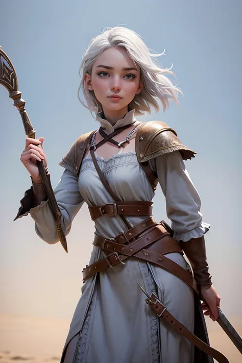 Young woman, campesina medieval "Chronicles of Narnia ",  gray and brown shreds,  blue eyes , short white hair, dynamic position,  safe expression, Iluminación natural,  plain white background , without patterns, No textures.